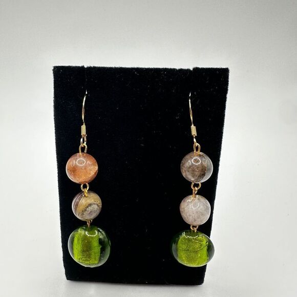 2.5" Green glass and agate stone dangle earrings with gold over 925 hooks! - Picture 13 of 14
